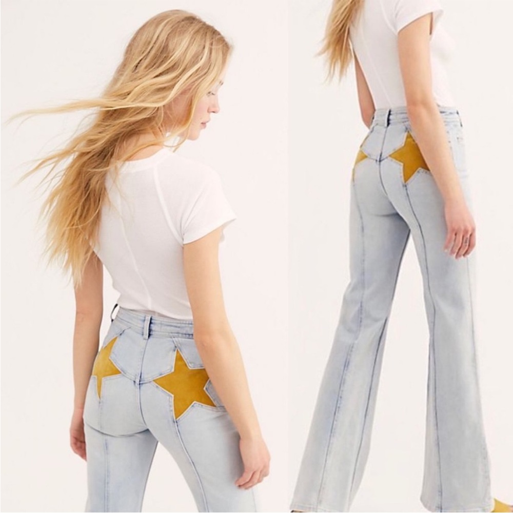 Free People Firecracker Flare Jeans in Lightwash Yellow Stars Size 26